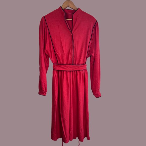 Vintage 80s Button Front Mock Collar Elastic Waist (With fabric Belt) Midi Dress - Picture 1 of 9